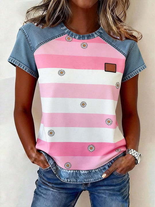 Damen Kurzarmshirt mit Jeans-Einsätzen und Teddy-Patchprint Shop Nory