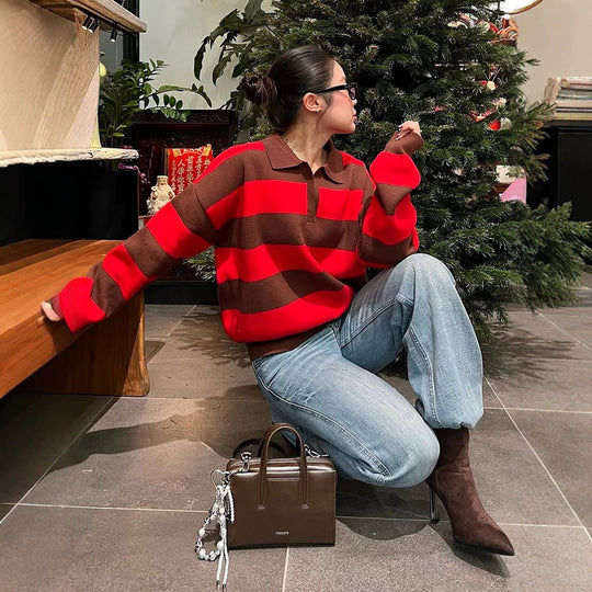 Damen Oversize Rugby-Strickpullover mit Polokragen & breiten Blockstreifen Shop Nory
