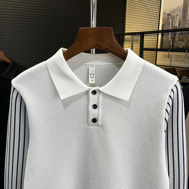 Herren Strick-Poloshirt mit kontrastgestreiften Ärmeln und feiner Struktur Shop Nory