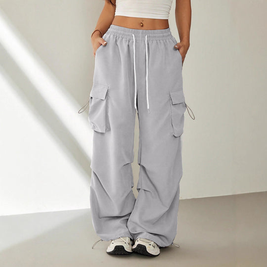 Damen Weite Cargo‑Loungehose mit Gummibund, Tunnelzug und großen Klappentaschen Shop Nory