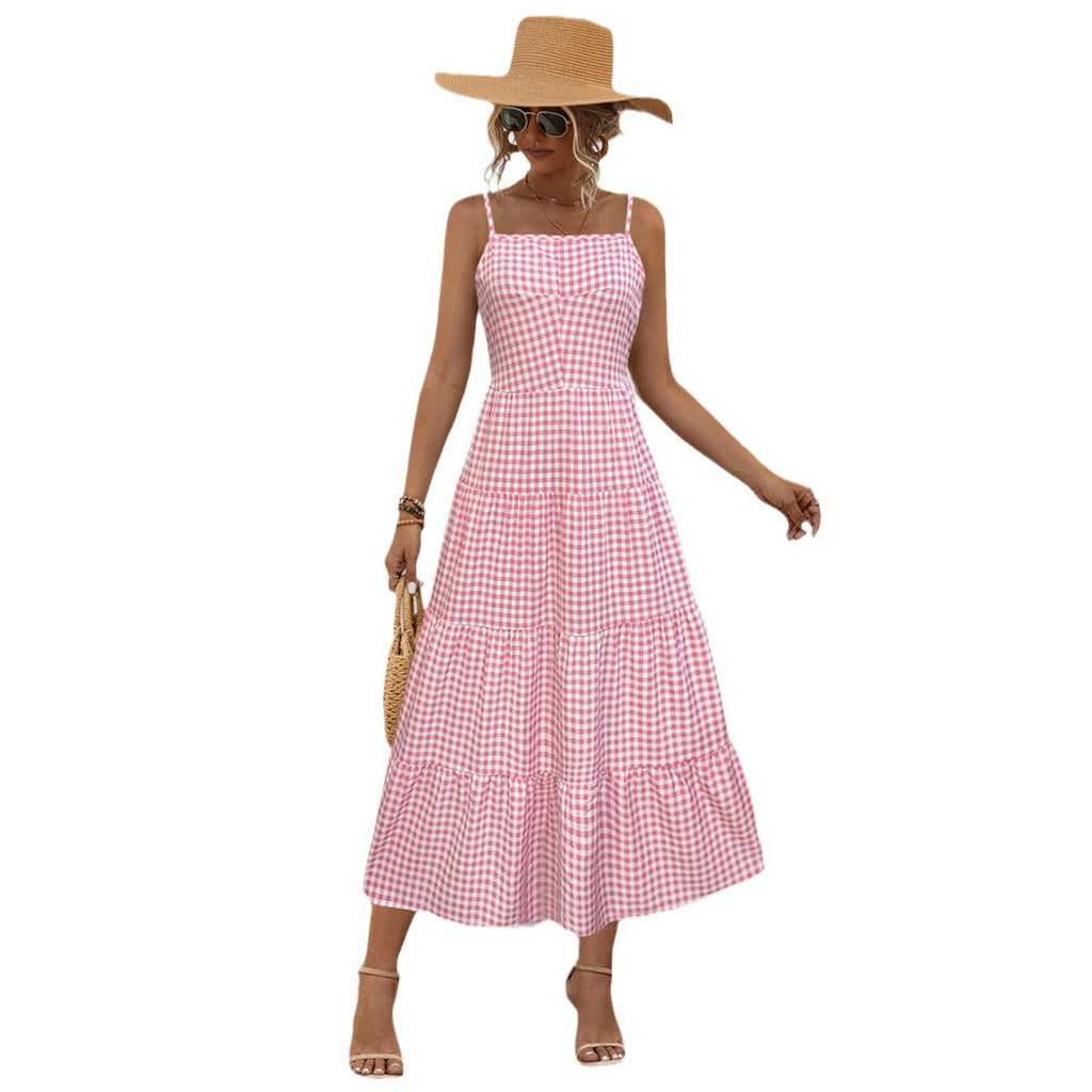 Damen Maxikleid im karierten Design mit Taillenakzent und Rüschensaum