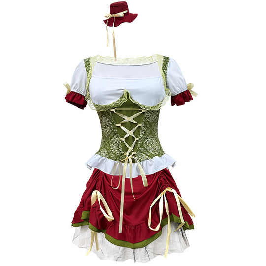 Damen nan kurzes Dirndl Trachtenkleid mit Schnürcorsage, Spitzenkragen und gerafftem Rock Shop Nory