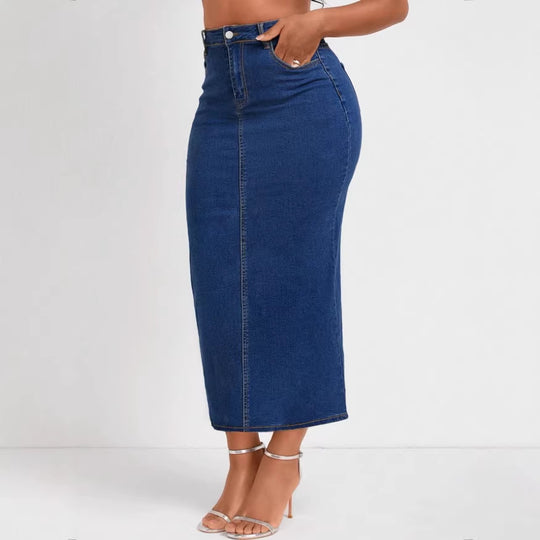 Damen Taillenhoher Stretch-Denim-Midirock mit sichtbarer Mittelnaht und Five-Pocket-Design Shop Nory