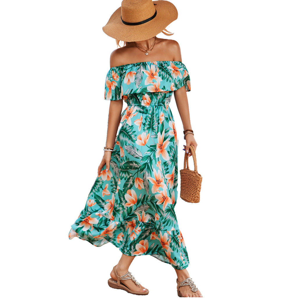 Damen Off-Shoulder Maxikleid mit floralem Design und elastischem Taillenbund