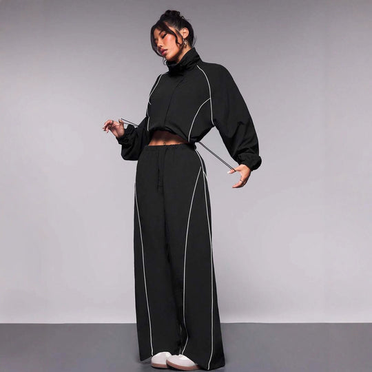 Damen sportives Cropped Windbreaker-Set mit Stehkragen Tunnelzug und reflektierenden Paspeln Shop Nory