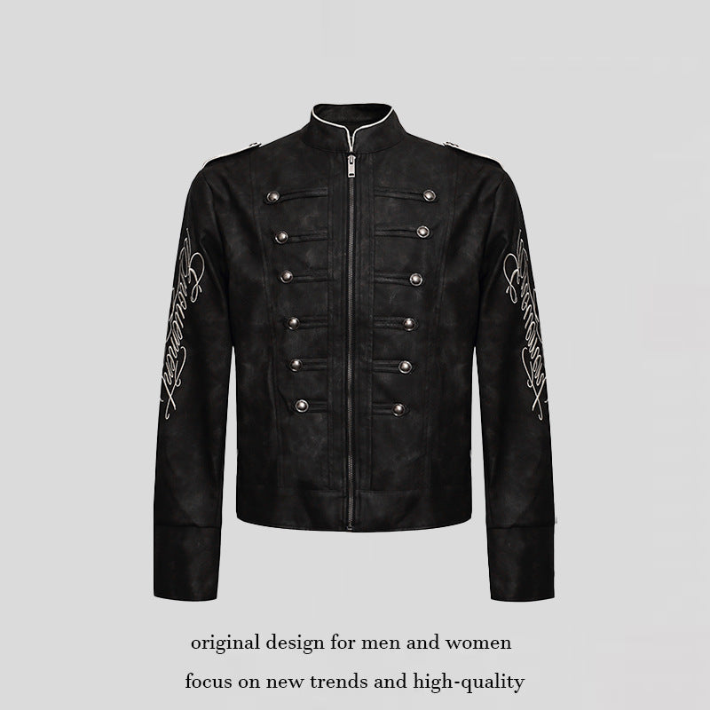 Herren Military-inspirierte Lederjacke mit Stehkragen, Zierknopfreihen und bestickten Ärmeln Shop Nory