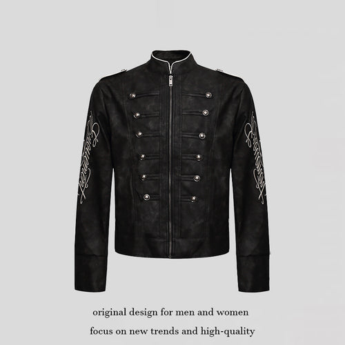 Herren Military-inspirierte Lederjacke mit Stehkragen, Zierknopfreihen und bestickten Ärmeln Shop Nory