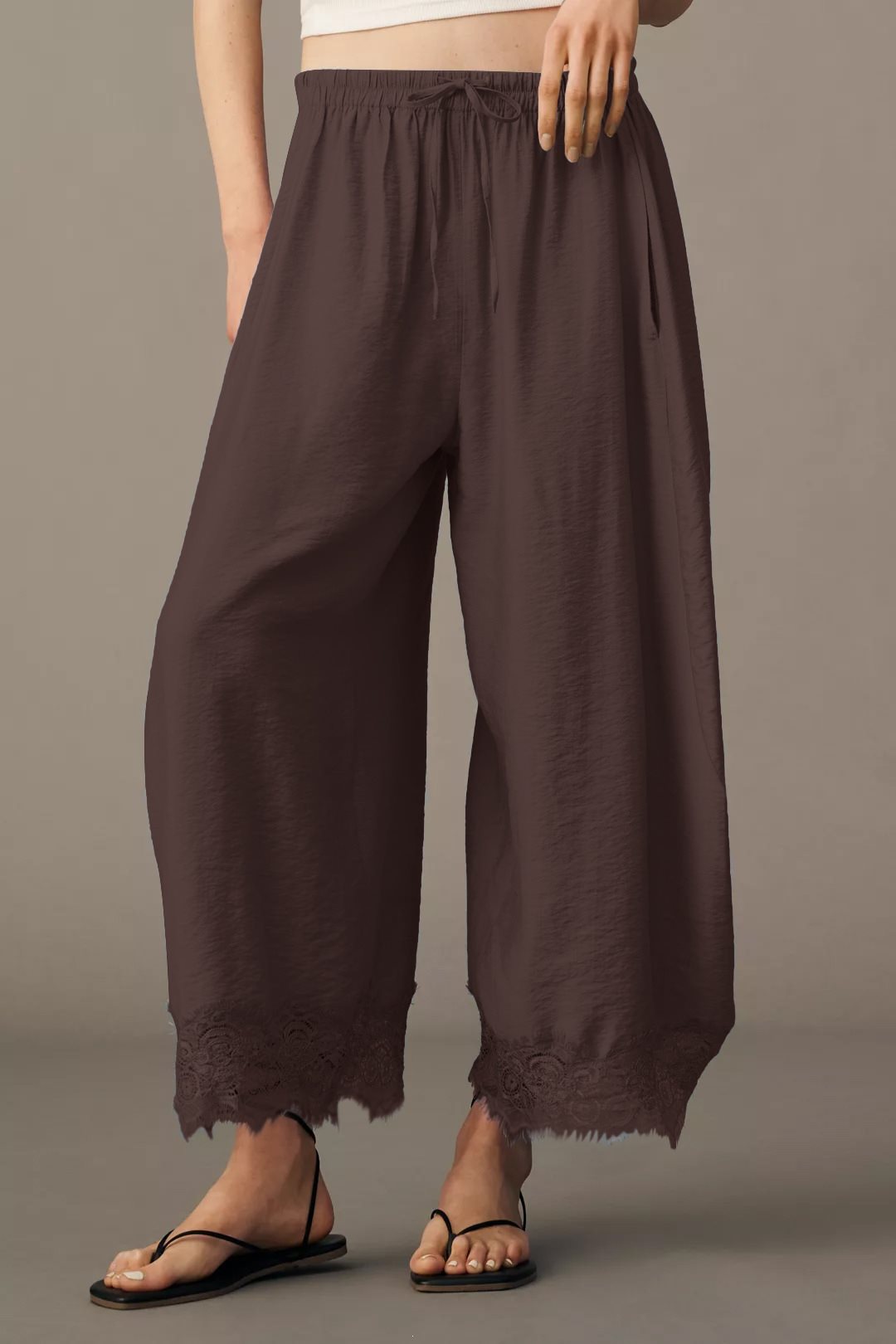 Damen Weite Palazzo-Hose mit elastischem Tunnelzugbund und Spitzenbesatz Shop Nory