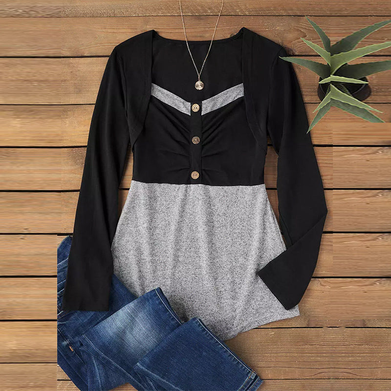 Damen Figurbetontes zweifarbiges Langarmshirt mit V-Ausschnitt, geraffter Brustpartie und Zierknöpfen Shop Nory