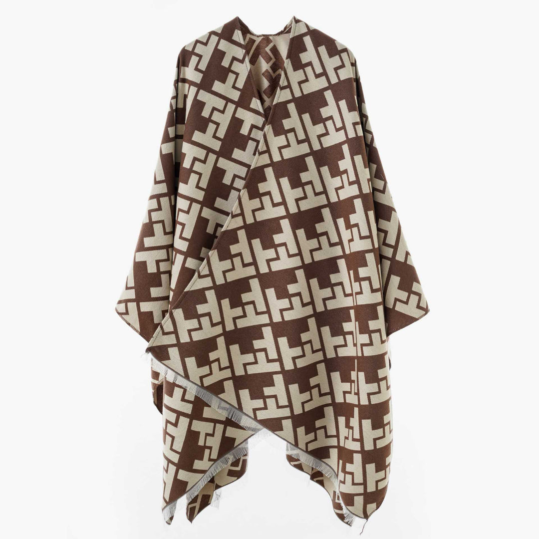 Damen Oversize-Cape mit geometrischem Jacquard und Fransensaum Shop Nory