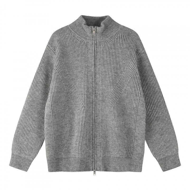 Unisex Grobgestrickter Reißverschluss-Strickcardigan mit Stehkragen und Rippstruktur Shop Nory