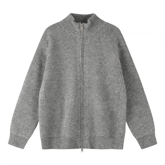 Unisex Grobgestrickter Reißverschluss-Strickcardigan mit Stehkragen und Rippstruktur Shop Nory