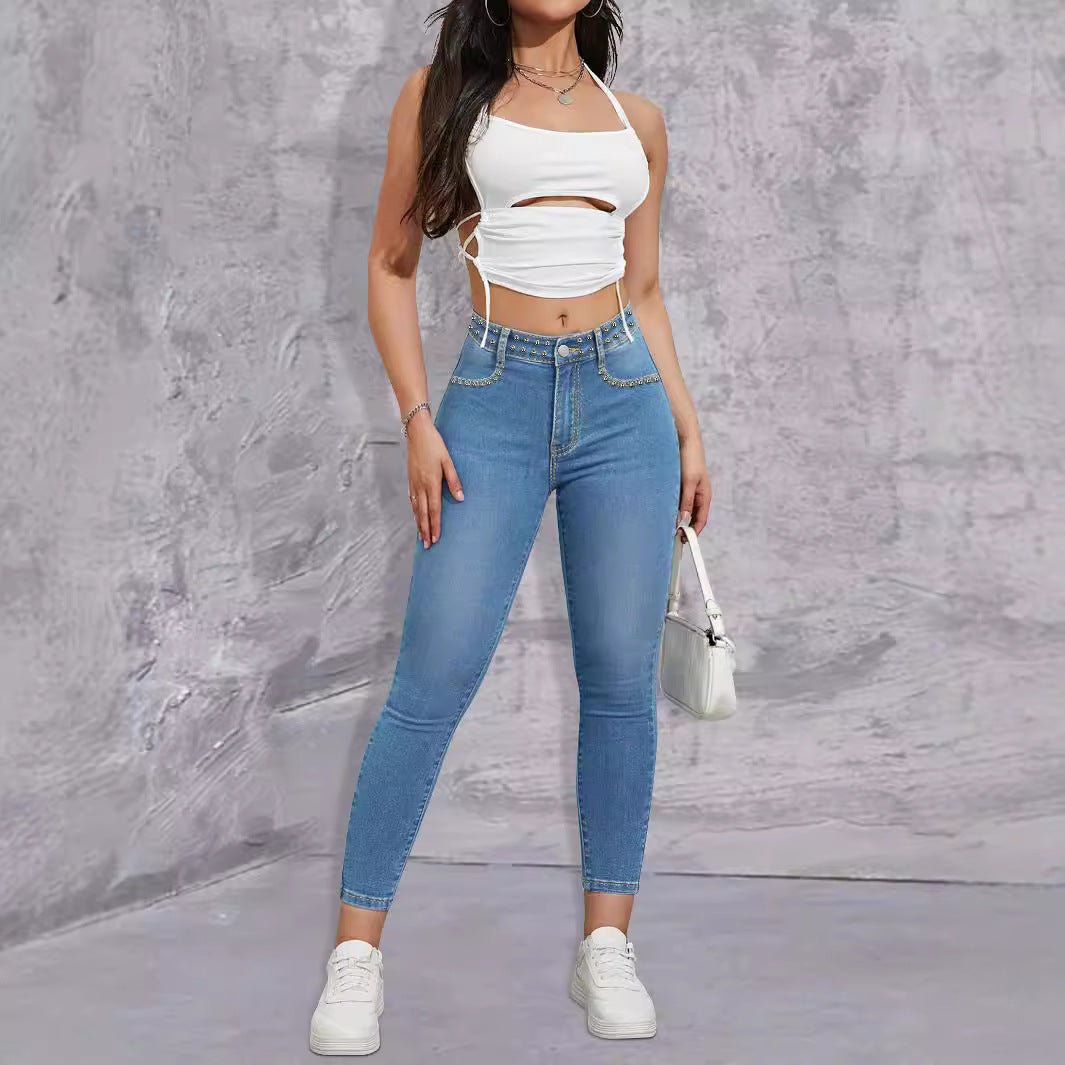 Damen Hochtaillierte Skinny-Jeans mit Strassbesatz und knöchellangem Schnitt Shop Nory