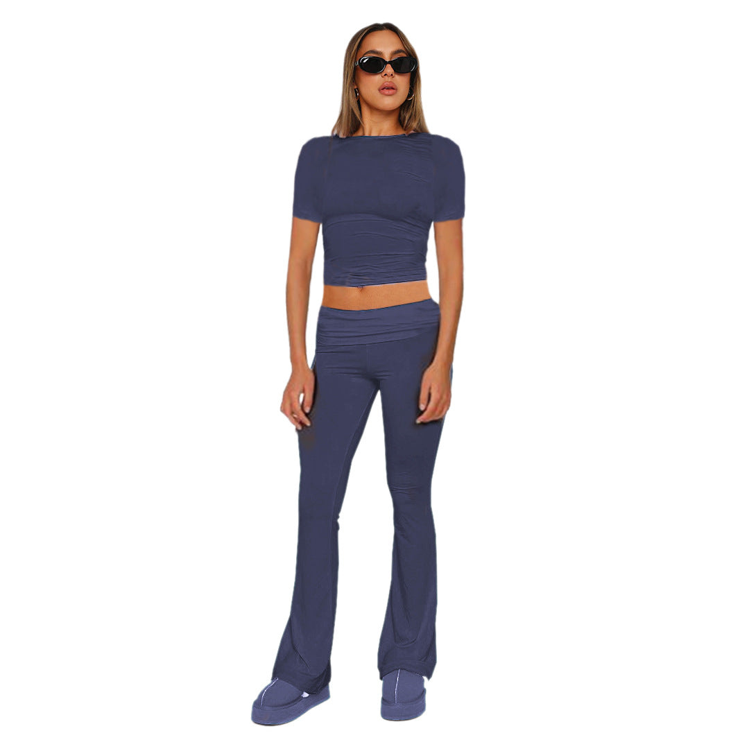 Figurbetonendes Damen-Crop-Set aus Stretch-Jersey mit hoch taillierten, ausgestellt Hosen Shop Nory
