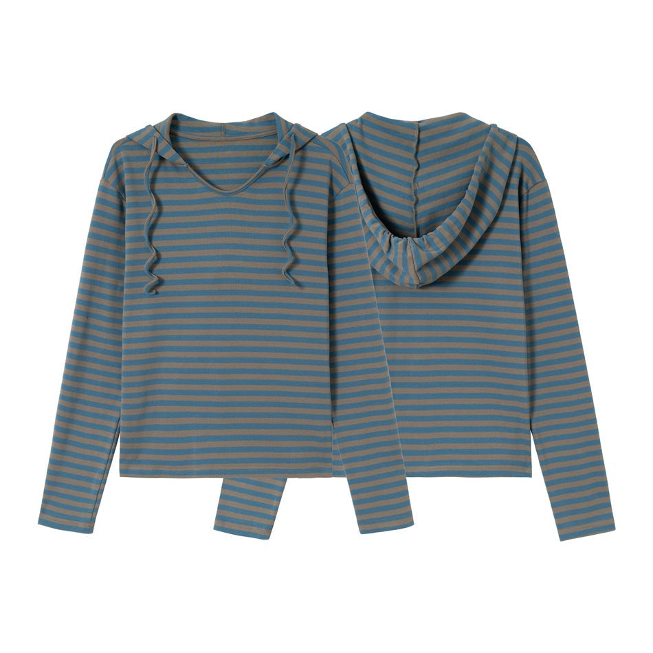 Damen Gestreiftes Langarm-Hoodie-Shirt mit V‑Ausschnitt und Kapuzenband Shop Nory