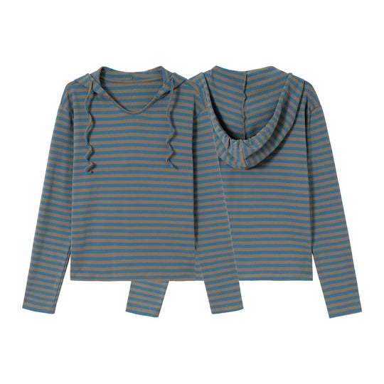 Damen Gestreiftes Langarm-Hoodie-Shirt mit V‑Ausschnitt und Kapuzenband Shop Nory