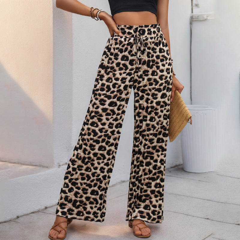 Damen Leichte Palazzo-Hose mit elastischem Bund, Bindekordel und Animal-Print Shop Nory
