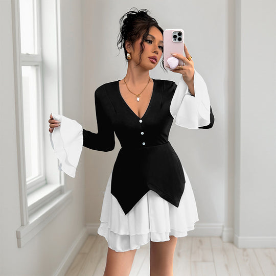 Damen Zweiteiliges Mini-Kleid mit tailliertem Wickeloberteil und Volant-Ärmeln Shop Nory