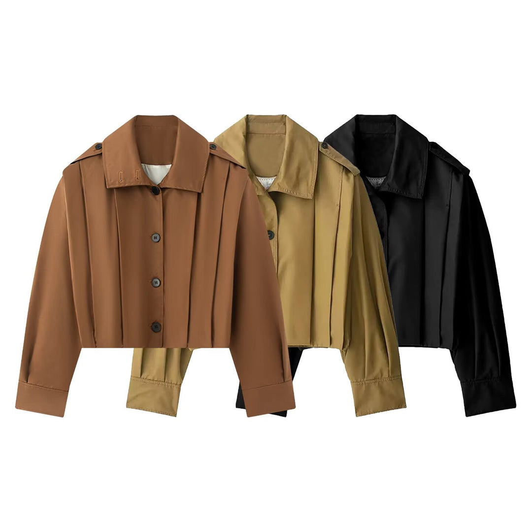 Damen Kurz geschnittene Cropped-Trenchjacke mit Schulterklappen und Kellerfalten Shop Nory