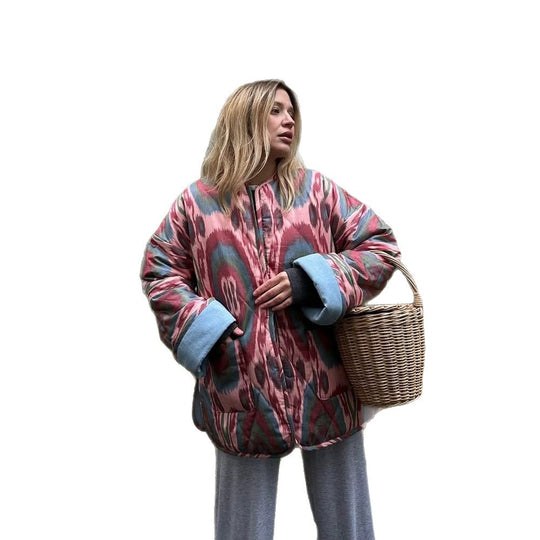 Damen Stepp-Kimonojacke mit Ikat-Print, Oversize‑Schnitt und kontrastierenden Bündchen Shop Nory