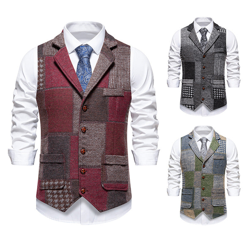 Herren Patchwork-Tweed-Weste mit Reverskragen und Pattentaschen Shop Nory