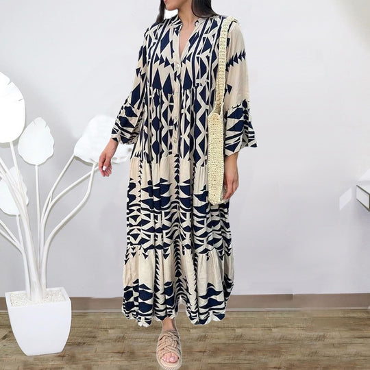 Damen Lockeres Maxikleid im Boho‑Stil mit grafischem Print, V‑Ausschnitt und Knopfleiste Shop Nory
