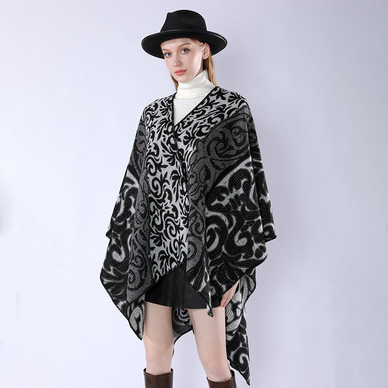 Damen Oversize-Kimono-Poncho im Jacquardstrick mit ornamentalem Muster und V-Ausschnitt Shop Nory
