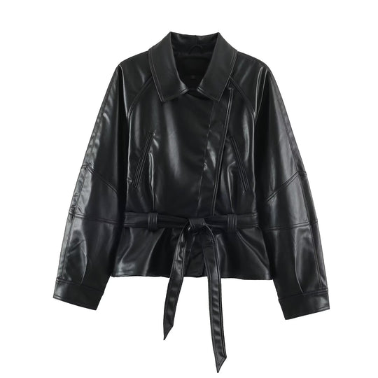 Damen Kurzjacke aus Lederimitat mit Taillengürtel und Oversize-Ärmeln Shop Nory