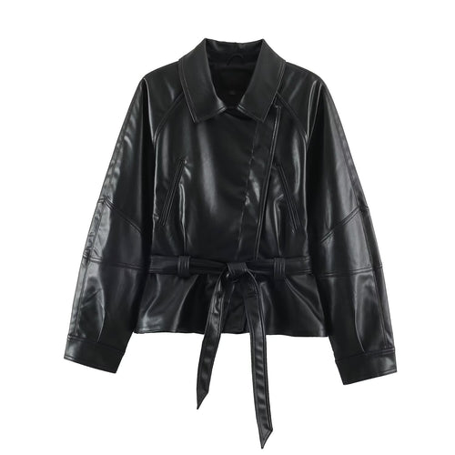 Damen Kurzjacke aus Lederimitat mit Taillengürtel und Oversize-Ärmeln Shop Nory