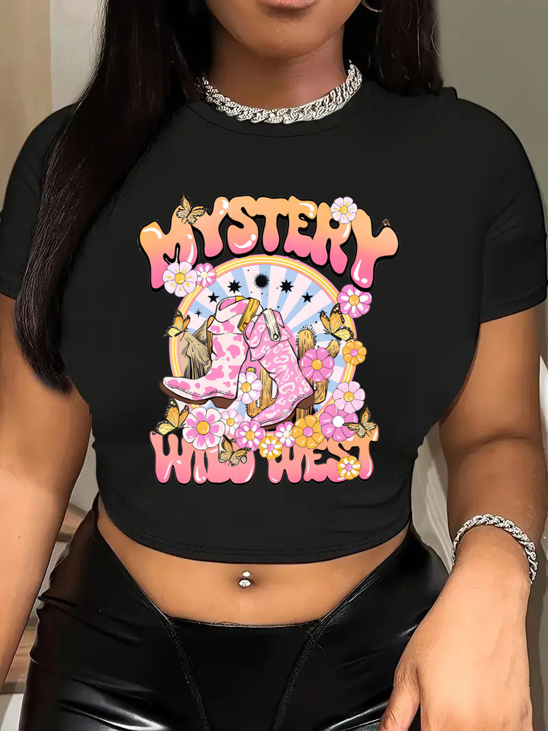 Damen Crop-T-Shirt mit kreativem Motiv und figurbetontem Schnitt Shopnory