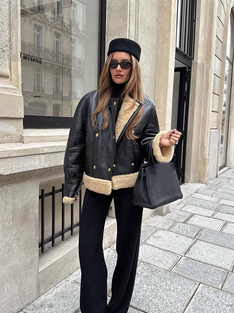 Damen Kurzjacke im Aviator‑Stil mit Teddy‑Innenfutter und doppelreihiger Druckknopffront Shop Nory