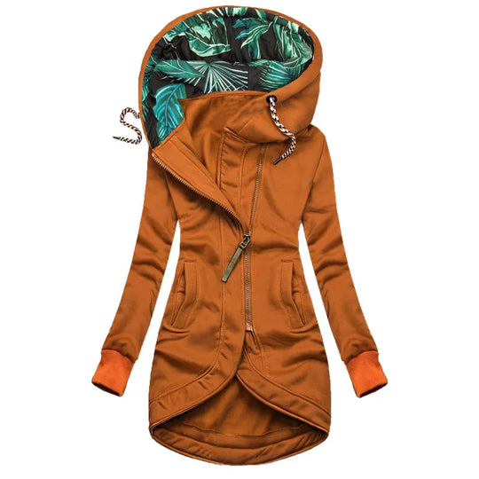 Damen asymmetrische Parka mit gefütterter tropischer Druckkapuze Shop Nory