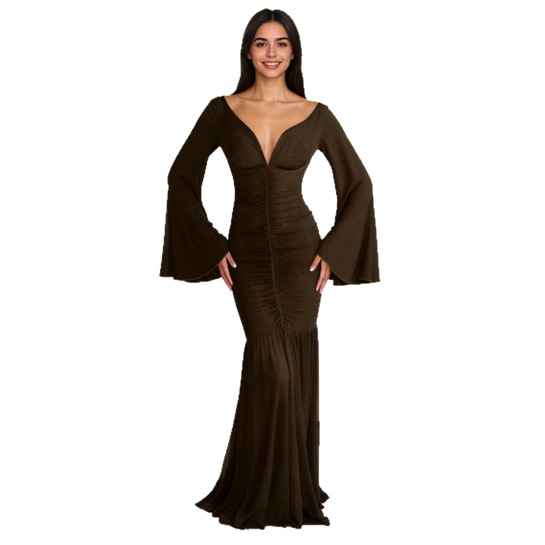 Damen nan gerafftes Maxikleid mit V-Ausschnitt, Trompetenärmeln und Stufenrüsche Shop Nory