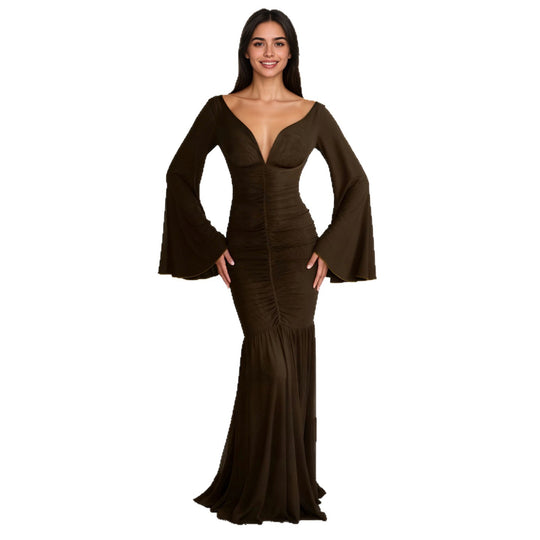 Damen nan gerafftes Maxikleid mit V-Ausschnitt, Trompetenärmeln und Stufenrüsche Shop Nory
