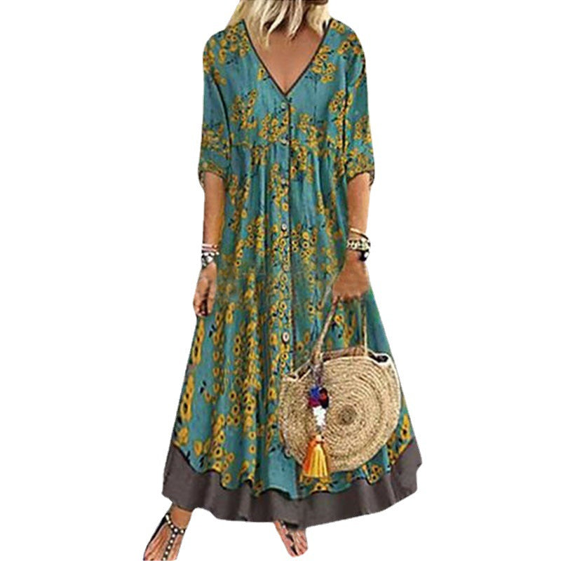 Damen Maxikleid im Boho‑Stil mit V‑Ausschnitt, durchgehender Knopfleiste und Stufenrock Shop Nory