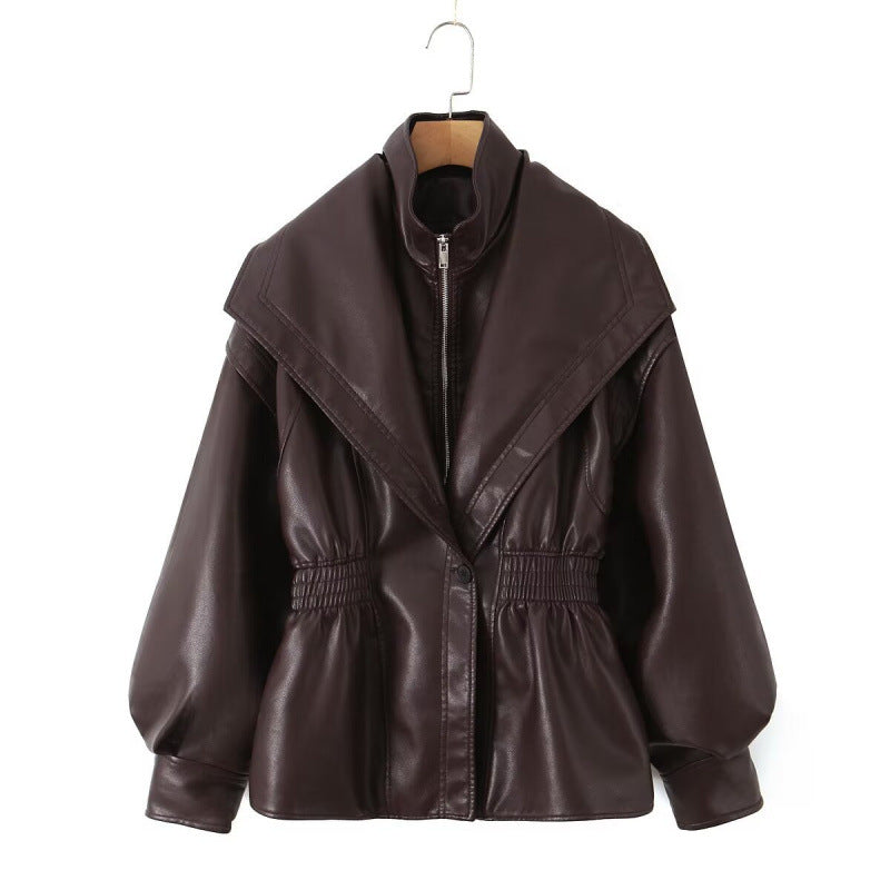 Damen Kunstlederjacke mit weitem Schalkragen und gerafftem Taillenbund Shop Nory