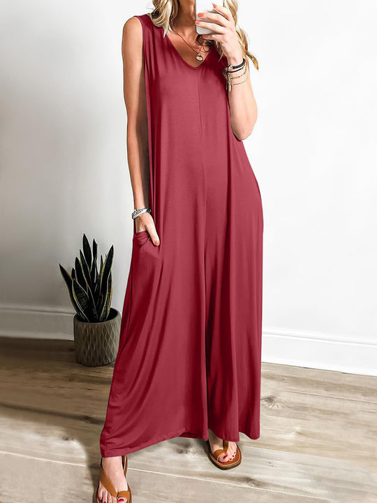 Damen weit geschnittene Jumpsuit mit V-Ausschnitt