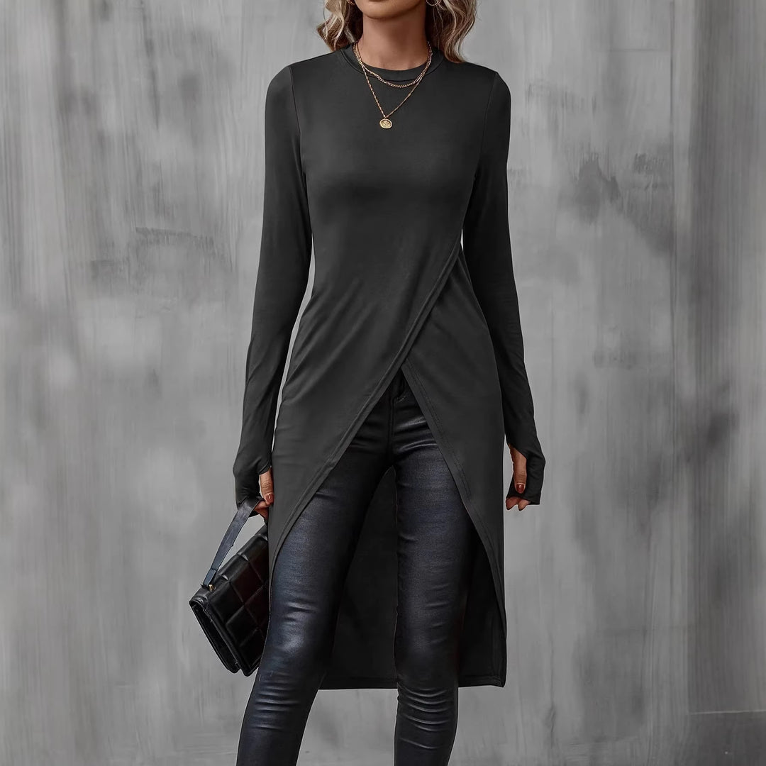 Damen Langes asymmetrisches Wickel-Tunika-Top mit Frontschlitz Shop Nory