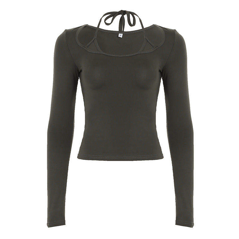 Damen nan figurbetontes Langarm-Top mit Neckholder-Bindung und eckigem Ausschnitt Shop Nory
