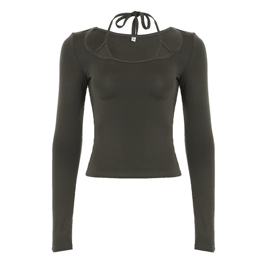 Damen nan figurbetontes Langarm-Top mit Neckholder-Bindung und eckigem Ausschnitt Shop Nory