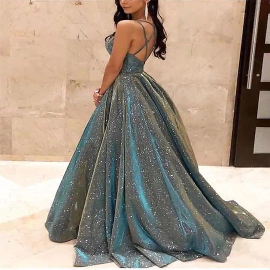 Damen Spaghettiträger V-Ausschnitt A-Linie Glitzer Maxi Ballkleid