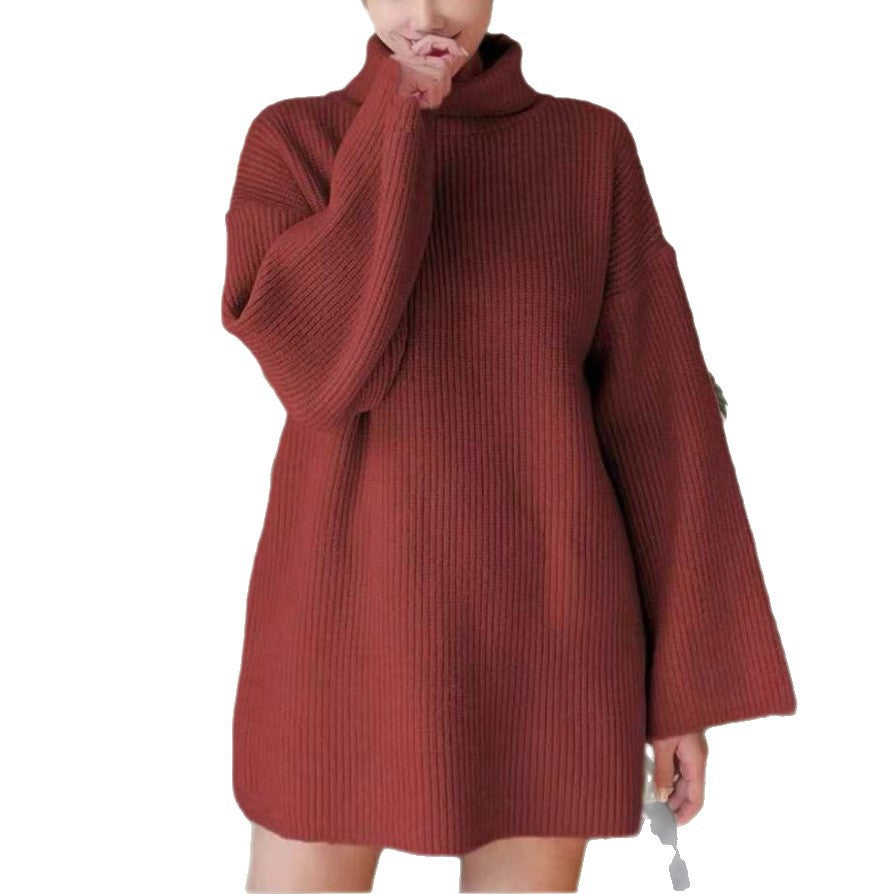 Damen Langer Strickpullover mit hohem Kragen und weit ausgestellten Ärmeln