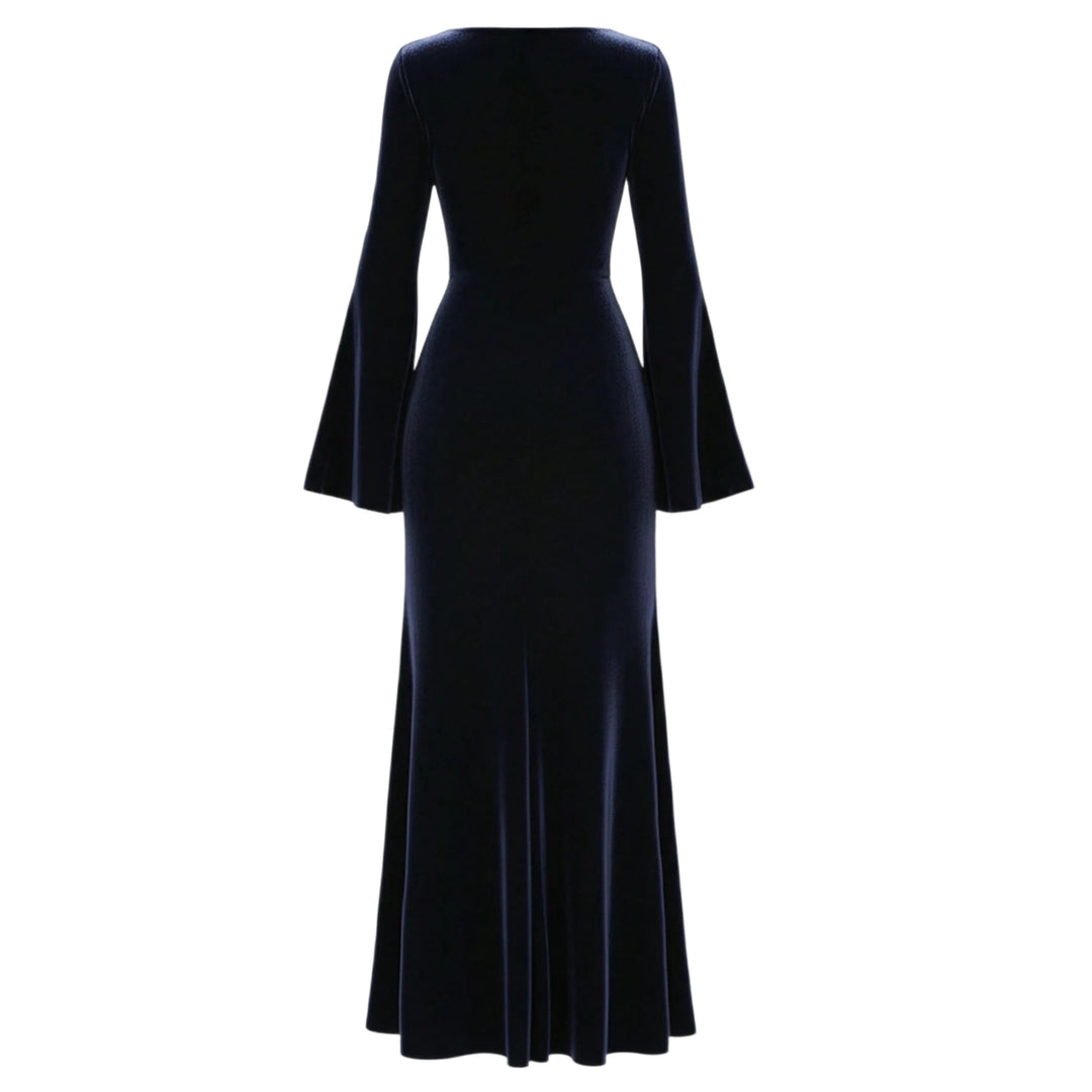 Damen Samt-Abendkleid mit Wasserfall-Ausschnitt, taillierter Silhouette und ausgestellten Trompetenärmeln Shop Nory