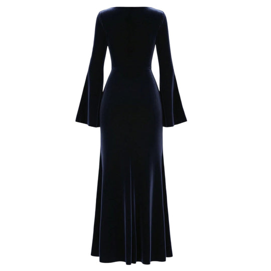 Damen Samt-Abendkleid mit Wasserfall-Ausschnitt, taillierter Silhouette und ausgestellten Trompetenärmeln Shop Nory