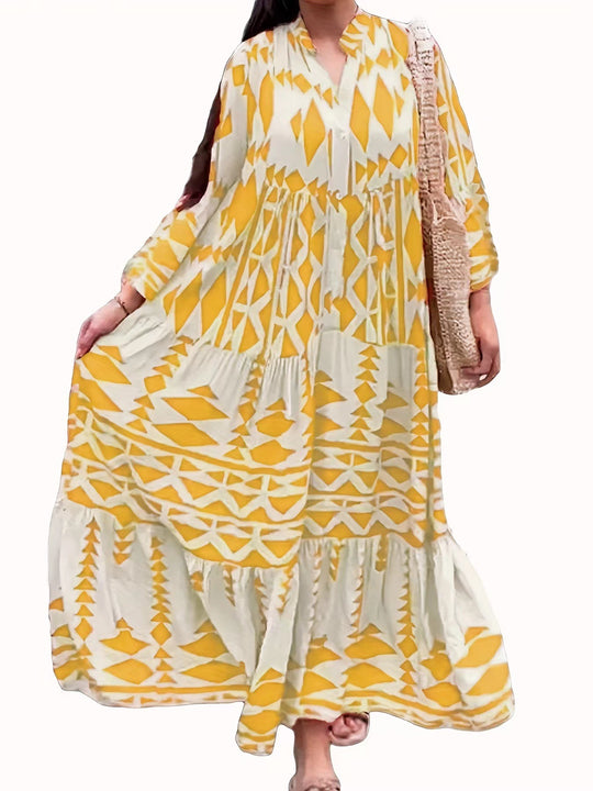 Damen Lockeres Maxikleid im Boho‑Stil mit grafischem Print, V‑Ausschnitt und Knopfleiste Shop Nory