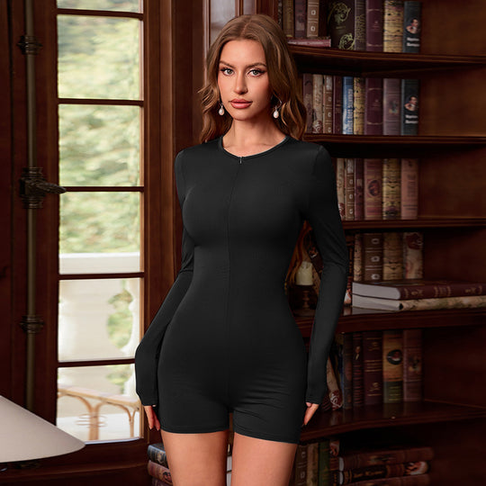 Damen Figurbetonter Langarm-Bodyplaysuit mit Frontreißverschluss und kurzer Shorts-Silhouette Shop Nory
