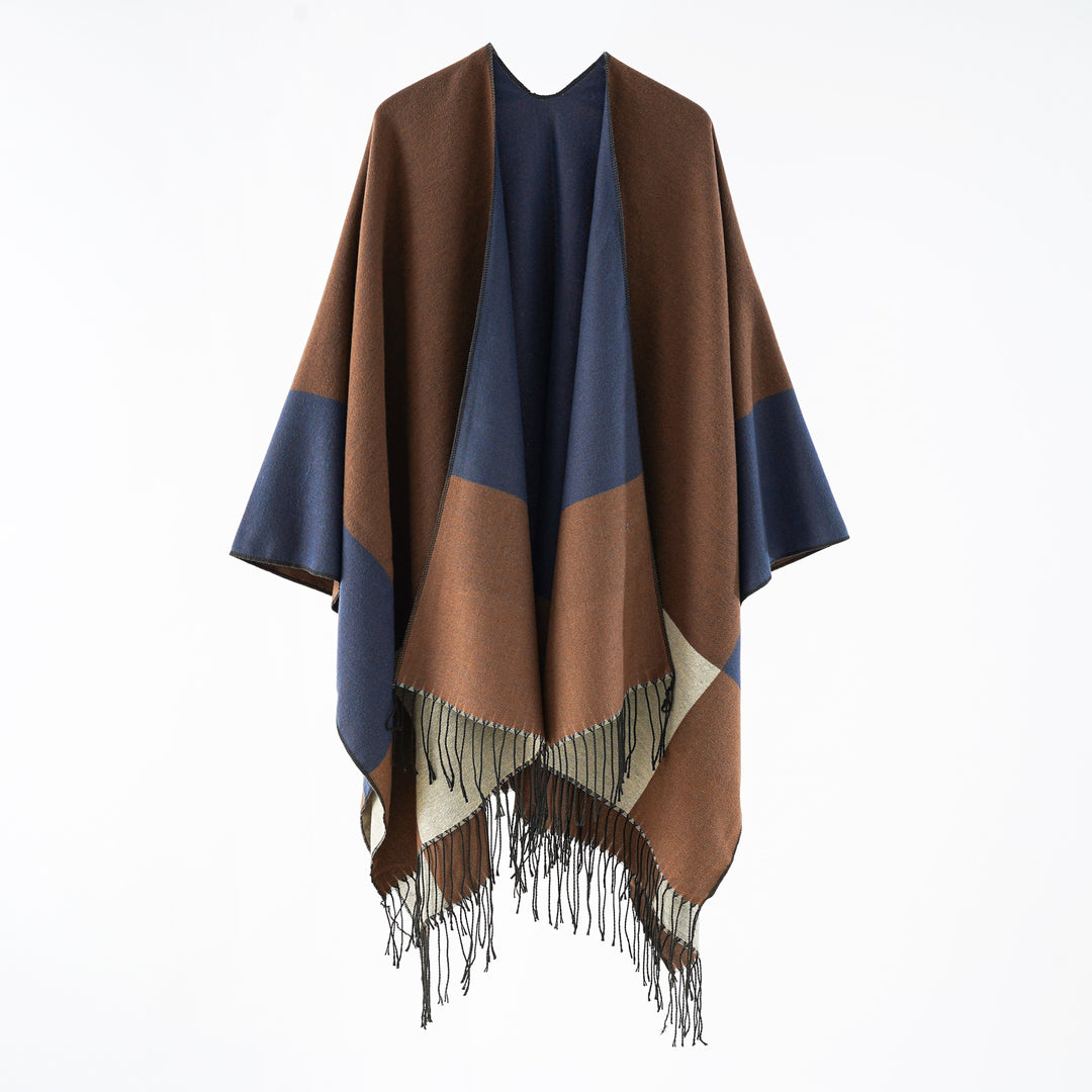 Damen eleganter Wollmix-Capeponcho mit grafischem Blockmuster und Fransen Shop Nory