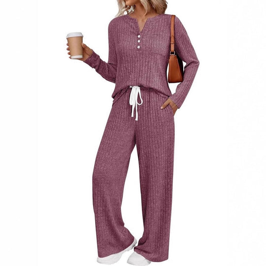 Damen Rippstrick-Lounge-Set mit Knopfleiste und weitem Kordelbund-Hose Shop Nory
