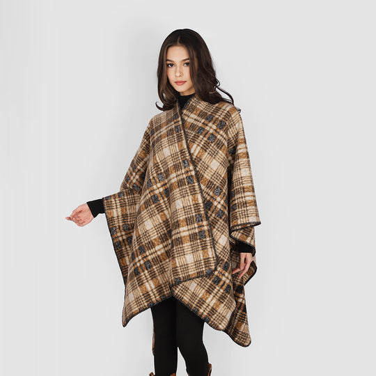 Damen Oversize Wollmix-Capeponcho im Rechteckschnitt mit Karomuster und dekorativer Kettelkante Shop Nory