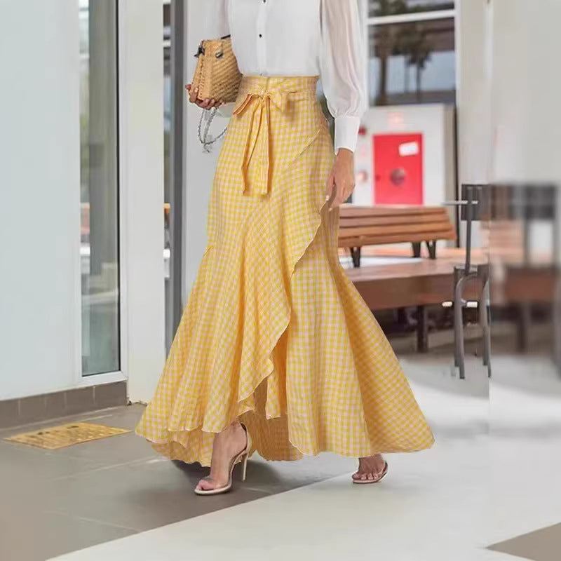 Damen nan Wickel-Maxirock mit Vichy-Karo, hoher Taillenbinde und asymmetrischem Volantsaum Shop Nory
